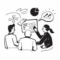 Business team evaluating risks in a strategic planning meeting concept as A icon illustration of a business team evaluating risks in a strategic planning meeting using a 3 color Dynamics vector