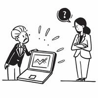 Businesswoman looking at a failed digital marketing campaign appearing disappointed concept as A businesswoman in a suit looking at a failed digital marketing campaign on her lapto Dynamics vector