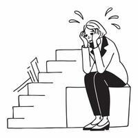 Businesswoman sitting on office stairs head in hands looking defeated concept as A businesswoman in formal attire sitting on the stairs of an office building head in hands appearin Dynamics vector