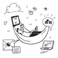 CEO relaxing in a hammock with a tablet concept as A CEO relaxing in a hammock with a tablet browsing social media insights emphasizing relaxation and innovative thinking in leader Dynamics vector
