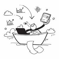 CEO enjoying a relaxing boat ride with a tablet concept as A CEO enjoying a relaxing boat ride with a tablet browsing social media insights emphasizing relaxation and innovative le Dynamics vector