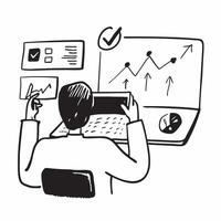 CFO reviewing stock valuation impact on corporate strategy concept as A CFO in an executive office reviewing the impact of stock valuation on corporate strategy using a laptop high Dynamics vector