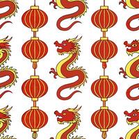Chinese dragons and lanterns seamless tile pattern with vibrant reds and golds for festive Chinese decor concept as Vibrant red dragons and golden lanterns arranged seamlessly for Dynamics vector