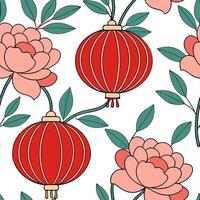 Chinese lanterns and peonies seamless tile pattern with vibrant reds and lush pinks for festive decor concept as Vibrant red lanterns and lush pink peonies arranged seamlessly for Dynamics vector