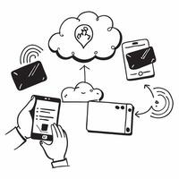 Cloud data synchronization with devices and cloud icons concept as illustration showing cloud data synchronization with various devices and cloud icons highlighting seamless Dynamics vector