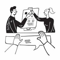 Colleagues in a brainstorming session in a creative office concept as A illustration of colleagues in a brainstorming session in a creative office using a 3 color palette to Dynamics vector
