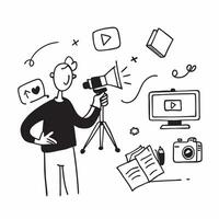 Content creator filming a tutorial for social media concept as A content creator in a studio filming a tutorial for social media using a camera and microphone highlight Dynamics vector