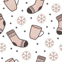 Cozy winter seamless pattern with wool socks hot drinks and cozy mittens for a warm seasonal escape concept as Warm winter pattern with wool socks hot drinks and mittens for a cozy Dynamics vector