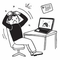 Developer sitting in front of a blue screen of death looking frustrated concept as A developer in casual attire sitting at a desk with a computer showing a blue screen of death app Dynamics vector