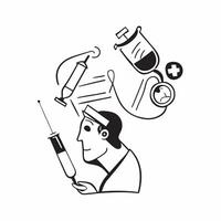 Doctor double exposure with medical tools concept as A doctors profile combined with medical tools and equipment symbolizing healthcare and medical responsibility Ideal for health Dynamics vector