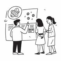 Doctor reviewing glossy food allergy charts with patients on World Food Day concept as Camera movement Pan across the glossy allergy charts Scene A modern clinic with patients De Dynamics vector