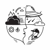 Emergency worker with disaster response concept as An emergency workers profile blended with disaster response imagery symbolizing the role of emergency services in responding to c Dynamics vector