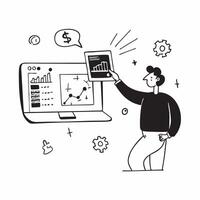 Entrepreneur using financial software to evaluate startup valuations concept as An entrepreneur in a startup office using financial software on a laptop to evaluate startup valuati Dynamics vector
