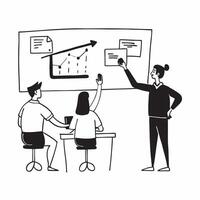 Equity researcher presenting stock valuation models concept as An equity researcher in a conference room presenting stock valuation models to colleagues using a projector and slide Dynamics vector