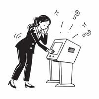 Female executive looking at a failed machine learning model appearing frustrated concept as A female executive in a formal suit looking at a failed machine learning model on her co Dynamics vector