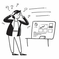 Female executive looking at a failed software presentation appearing worried concept as A female executive in a formal suit looking at a failed software presentation on a screen ap Dynamics vector