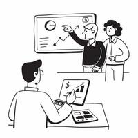 Financial advisor presenting stock valuation strategies to clients concept as A financial advisor in a modern office presenting stock valuation strategies to clients using a laptop Dynamics vector