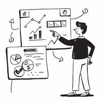 Financial analyst presenting data in a hybrid meeting concept as A financial analyst presenting data in a hybrid meeting with charts displayed in the office and shared online showc Dynamics vector