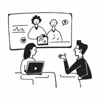 Financial planner conducting a hybrid client meeting concept as A financial planner conducting a hybrid client meeting with clients in the office and joining remotely highlighting Dynamics vector