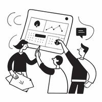 Flat design as Business team planning next quarters strategy in a meeting concept as A icon illustration of a business team planning next quarters strategy in a meeting using a 3 Dynamics vector
