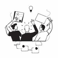 Flat design as Colleagues in a brainstorming session in a creative office concept as A icon illustration of colleagues in a brainstorming session in a creative office using a 3 c Dynamics vector