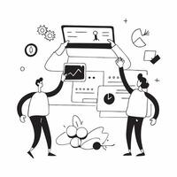 Flat design as IT team collaborating on a cybersecurity project concept as A icon illustration of an IT team collaborating on a cybersecurity project using laptops and digital to Dynamics vector