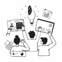 Flat design as Marketing team brainstorming in a creative workspace concept as A icon illustration of a marketing team brainstorming in a creative workspace using laptops and tab Dynamics vector