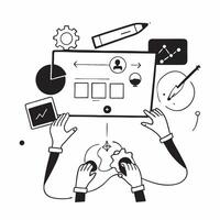 Flat design as Product team collaborating on new features concept as A icon illustration of a product team collaborating on new features using laptops and digital tools with an 8 Dynamics vector