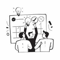 Flat design as Team brainstorming ideas in a creative meeting room concept as A illustration of a team brainstorming ideas in a creative meeting room using a 3 color scheme Dynamics vector