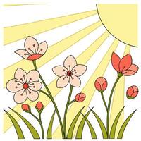 Fresh spring sunshine seamless pattern with vibrant light rays and blooming flowers for energizing spring visuals concept as Energizing spring sunshine pattern with vibrant rays an Dynamics Set 2 vector