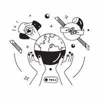 Glossy abstract digital art of diverse hands holding globe for World Food Day concept as Camera movement Zoom into the hands holding a glossy globe with abstract food patterns Sce Dynamics vector