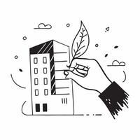 Hand holding a cut leaf in front of a corporate building concept as A hand holding a cut leaf in front of a corporate building emphasizing the integration of sustainability into co Dynamics vector