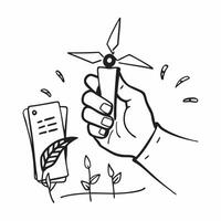 Hand holding a cut leaf in front of a windmill concept as A hand holding a cut leaf in front of a windmill symbolizing renewable energy and corporate social responsibility in wind Dynamics vector