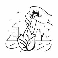 Hand holding a cut leaf with a cityscape in the background concept as A hand holding a cut leaf against a cityscape background highlighting urban environmental initiatives and corp Dynamics vector