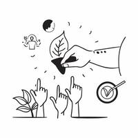 Hand holding a cut leaf with a group of volunteers concept as A hand holding a cut leaf with a group of volunteers in the background highlighting volunteer work and corporate socia Dynamics vector