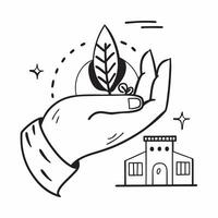 Hand holding a cut leaf with a school in the background concept as A hand holding a cut leaf with a school in the background representing educational initiatives and corporate soci Dynamics vector