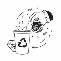 Hand holding a cut leaf with a recycling bin concept as A hand holding a cut leaf with a recycling bin in the background emphasizing waste management and corporate social responsib Dynamics vector