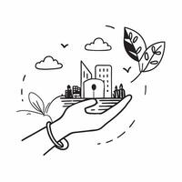 Hand holding a cut leaf with a public park concept as A hand holding a cut leaf with a public park in the background highlighting corporate social responsibility in urban green spa Dynamics vector