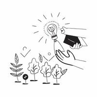 Hand holding a cut leaf with children planting trees concept as A hand holding a cut leaf with children planting trees in the background highlighting youth involvement and corporat Dynamics vector