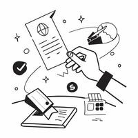 Hand Signing Contract with Holographic Agreement Icon and Signature Icon concept as A photo depicting a hand signing a contract with a glossy glowing holographic agreement icon and Dynamics Set 4 vector