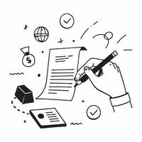 Hand Signing Contract with Holographic Agreement Icon and Signature Icon concept as A photo depicting a hand signing a contract with a glossy glowing holographic agreement icon and Dynamics Set 6 vector