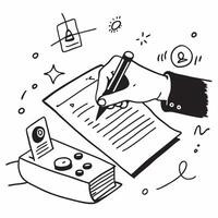 Hand Signing Contract with Holographic Agreement Icon and Signature Icon concept as A photo depicting a hand signing a contract with a glossy glowing holographic agreement icon and Dynamics Set 46 vector