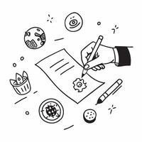 Hand signing contract with holographic world food day icons concept as Camera movement Zoom in on the hand signing the contract with holographic world food day icons floating nearb Dynamics vector