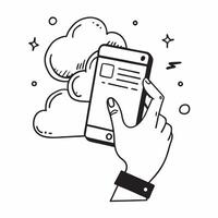 Hand with Holographic Smartphone and Cloud Icon concept as A photo showing a hand presenting a holographic smartphone and a cloud icon The hand is positioned towards the right hig Dynamics vector