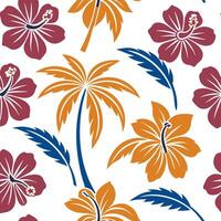 Hawaiian hibiscus and palm trees seamless tile pattern with tropical colors and traditional designs for island decor concept as Tropical hibiscus flowers and palm trees arranged se Dynamics vector