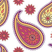 Indian vibrant sari patterns and paisleys seamless tile pattern with rich colors and traditional designs for cultural decor concept as Rich colored sari patterns and traditional pa Dynamics vector