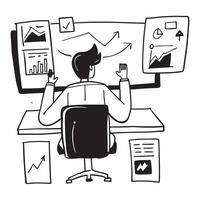 Investment researcher analyzing stock valuation impact on market trends concept as An investment researcher in an office analyzing the impact of stock valuation on market trends us Dynamics vector