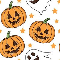 Jack o lanterns and ghosts seamless tile pattern with vibrant orange and spooky elements for festive Halloween decor concept as Vibrant orange jack o lanterns and spooky ghosts arr Dynamics vector