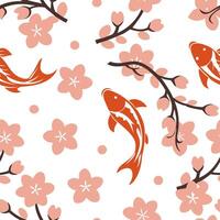 Japanese Sakura and Koi seamless tile pattern with soft pinks and vibrant oranges for tranquil home decor concept as Soft pink sakura blossoms and vibrant orange koi fish arranged Dynamics vector