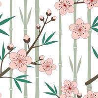 Japanese cherry blossoms and bamboo borders seamless tile pattern with soft pinks and natural greens for serene decor concept as Soft pink cherry blossoms and natural green bamboo Dynamics vector